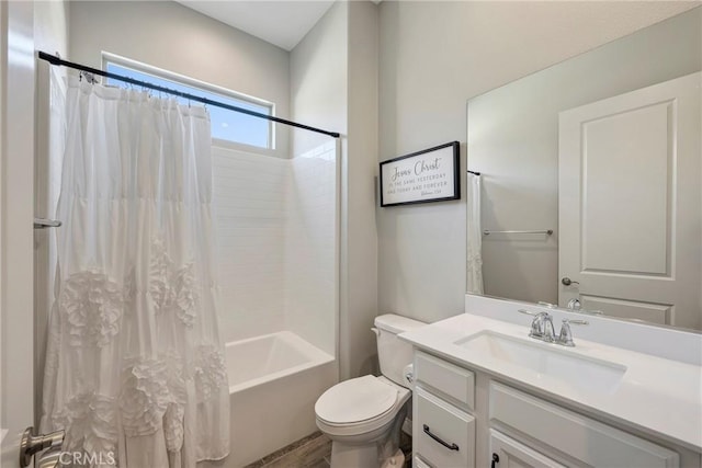 full bath featuring toilet, shower / bath combination with curtain, and vanity