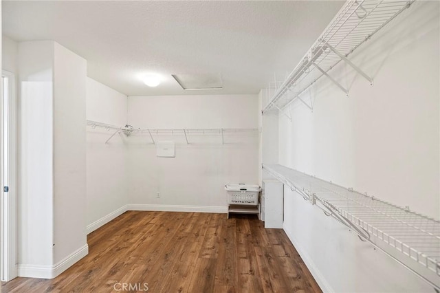 walk in closet featuring wood finished floors and attic access