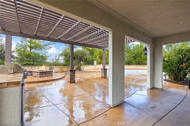 view of patio / terrace with an outdoor fire pit, a fenced backyard, area for grilling, a fenced in pool, and a pergola