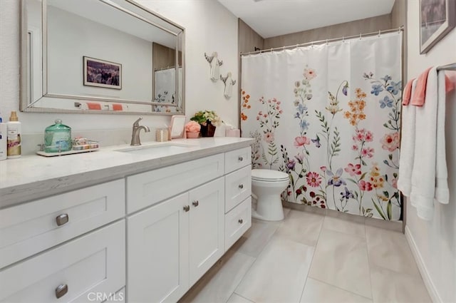 full bath featuring toilet, tile patterned floors, a shower with shower curtain, and vanity