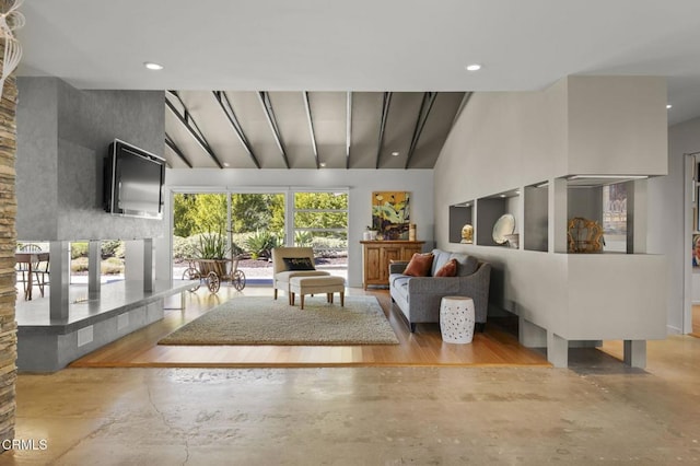 1037 Westridge Dr, Ventura, CA 93003 - living area with concrete floors, beam ceiling, and high vaulted ceiling