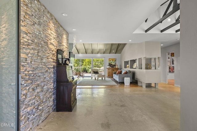 1037 Westridge Dr, Ventura, CA 93003 - unfurnished living room with vaulted ceiling with beams, concrete flooring, and recessed lighting