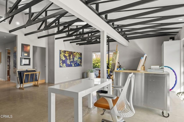 1037 Westridge Dr, Ventura, CA 93003 - dining room with baseboards, beam ceiling, finished concrete flooring, and high vaulted ceiling