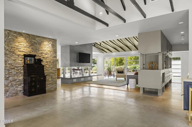 1037 Westridge Dr, Ventura, CA 93003 - living room with beamed ceiling, concrete floors, high vaulted ceiling, and recessed lighting