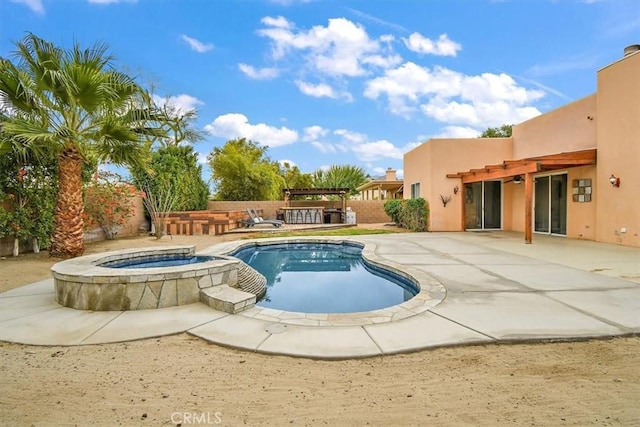 view of pool with a patio area, a pergola, a fenced in pool, and an in ground hot tub