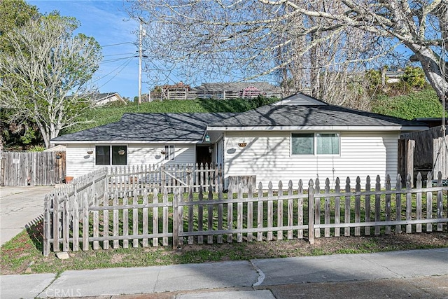 ranch-style house with a fenced front yard