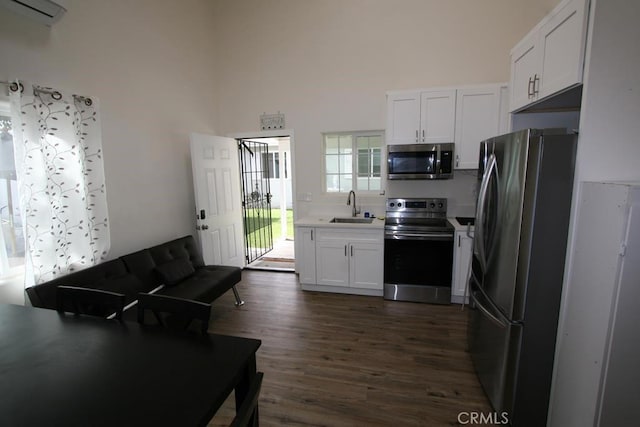 kitchen featuring a towering ceiling, dark wood-type flooring, stainless steel appliances, white cabinetry, and a sink