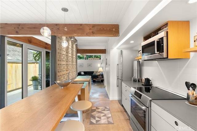 kitchen featuring decorative backsplash, appliances with stainless steel finishes, pendant lighting, open shelves, and beam ceiling