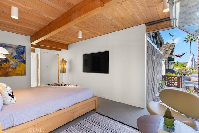 bedroom with access to outside, wood ceiling, baseboards, and beam ceiling