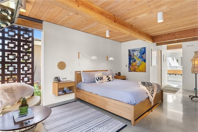 bedroom featuring finished concrete flooring, wooden ceiling, expansive windows, and beam ceiling