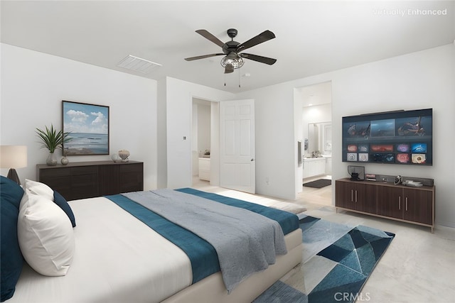 bedroom featuring ensuite bathroom, ceiling fan, and visible vents