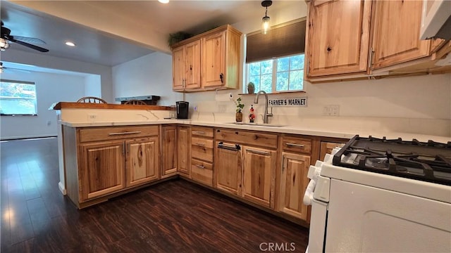 kitchen with under cabinet range hood, a peninsula, a sink, dark wood-style floors, and gas range gas stove