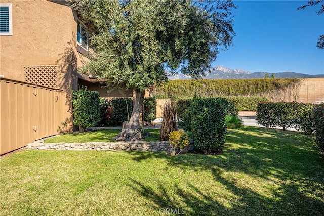 view of yard with a fenced backyard and a mountain view