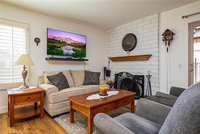 living area featuring a fireplace and wood finished floors