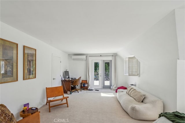 interior space featuring light carpet, lofted ceiling, french doors, and a wall mounted AC