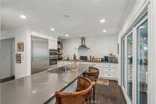 kitchen with stainless steel appliances, a sink, white cabinets, wall chimney exhaust hood, and dark wood finished floors