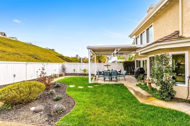 view of yard with a patio area and a fenced backyard