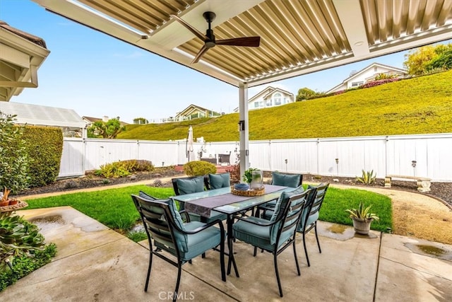 view of patio featuring ceiling fan, outdoor dining space, and a fenced backyard