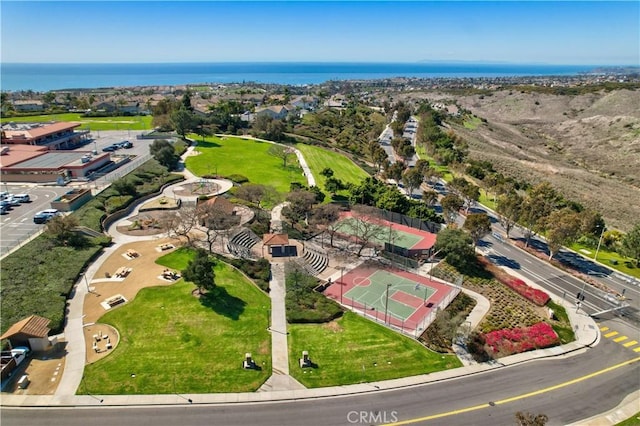 aerial view featuring a water view