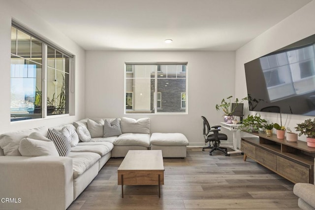 living area with wood finished floors and baseboards