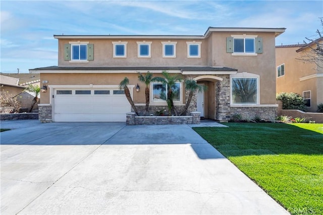 view of front of property featuring driveway, a garage, stone siding, stucco siding, and a front yard