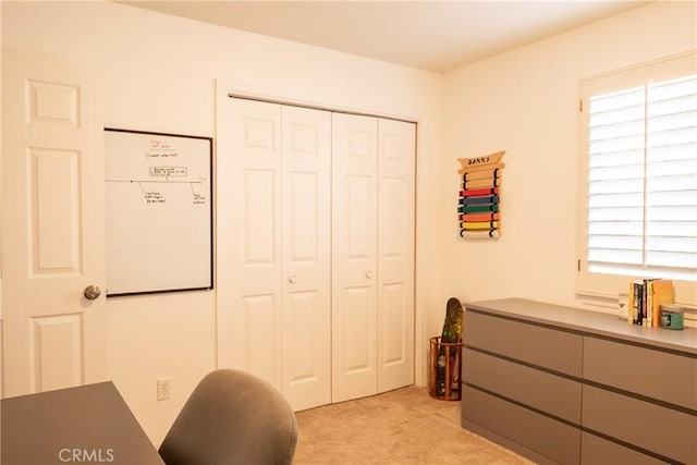 home office with plenty of natural light and light colored carpet