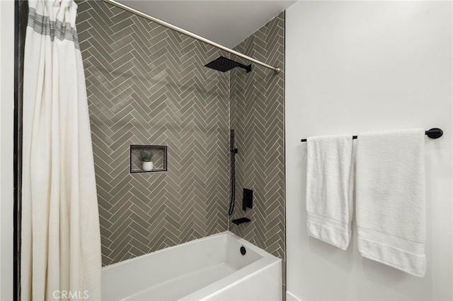 full bathroom with shower / tub combo with curtain