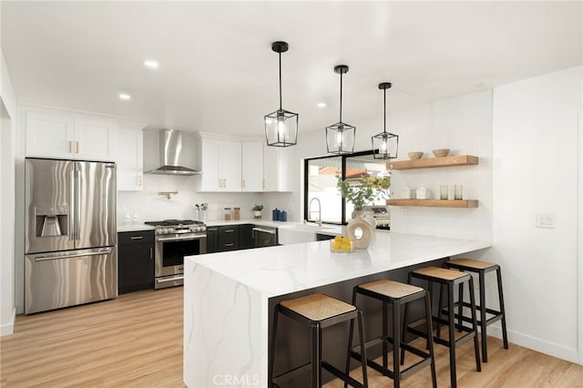 kitchen with appliances with stainless steel finishes, white cabinets, a sink, wall chimney range hood, and a peninsula