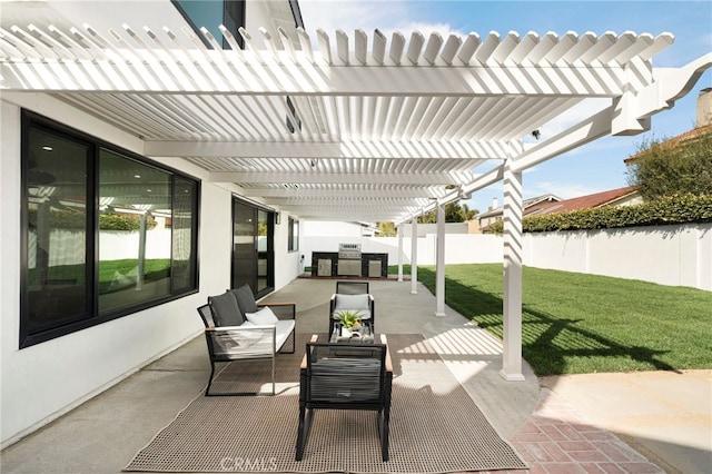 view of patio with fence, an outdoor hangout area, a pergola, and area for grilling