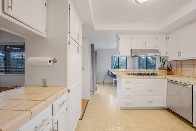 kitchen with dishwasher, white cabinets, tile counters, and under cabinet range hood