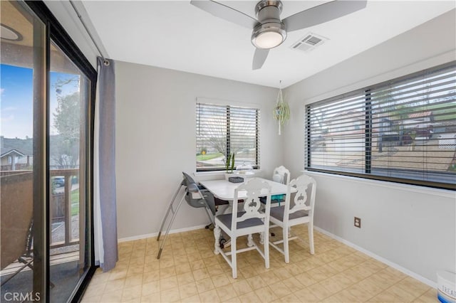 dining room with baseboards, visible vents, and a ceiling fan