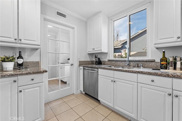 kitchen with visible vents, ornamental molding, a sink, white cabinets, and dishwasher