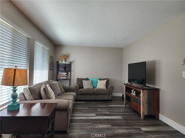 living area with a textured ceiling, baseboards, and wood finished floors