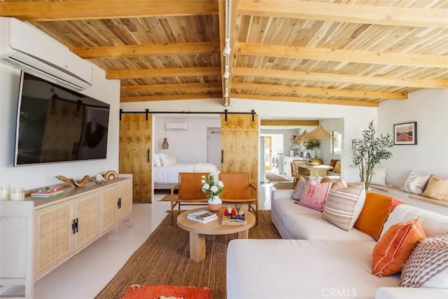 living area featuring a barn door, wooden ceiling, a wall mounted air conditioner, finished concrete floors, and beam ceiling