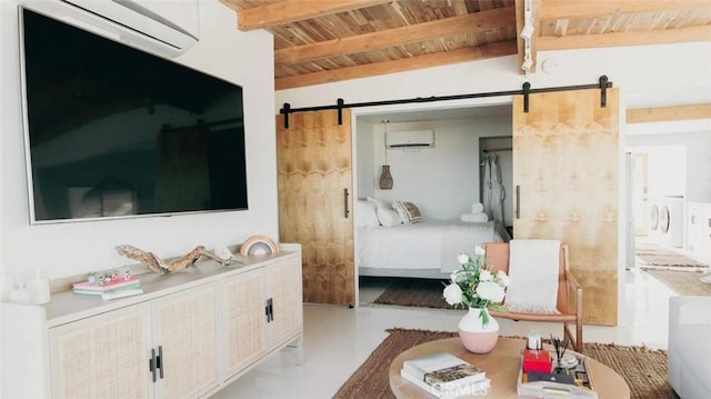 bedroom featuring lofted ceiling with beams, a barn door, concrete flooring, wooden ceiling, and a wall mounted air conditioner