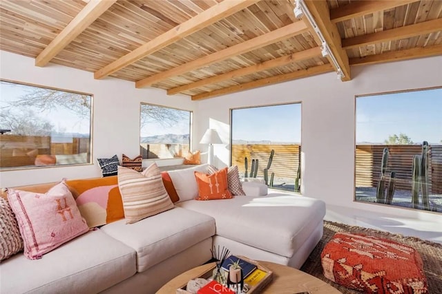 interior space featuring beamed ceiling and wood ceiling