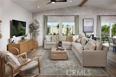 living room featuring a ceiling fan, recessed lighting, lofted ceiling with beams, and wood finished floors