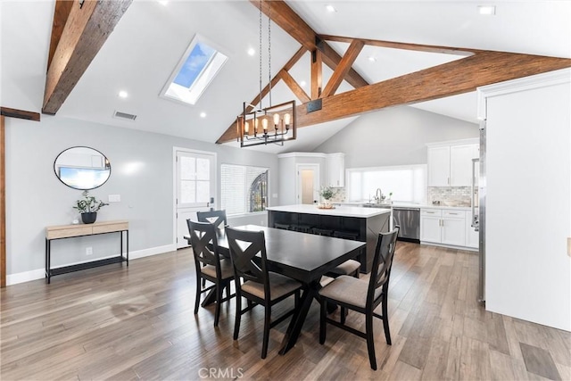 dining space with light wood-type flooring, high vaulted ceiling, visible vents, and beam ceiling