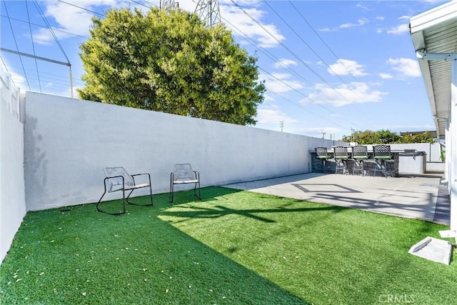 view of yard featuring a fenced backyard, a patio, and outdoor dry bar