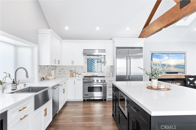 kitchen with vaulted ceiling with skylight, wall chimney exhaust hood, dark cabinets, built in appliances, and a sink