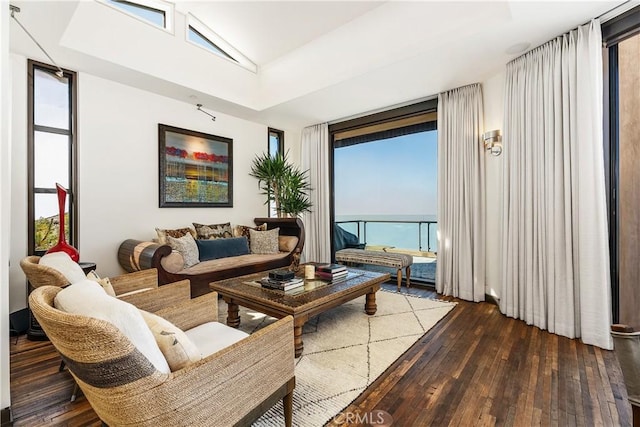 living room featuring plenty of natural light, lofted ceiling, and hardwood / wood-style floors