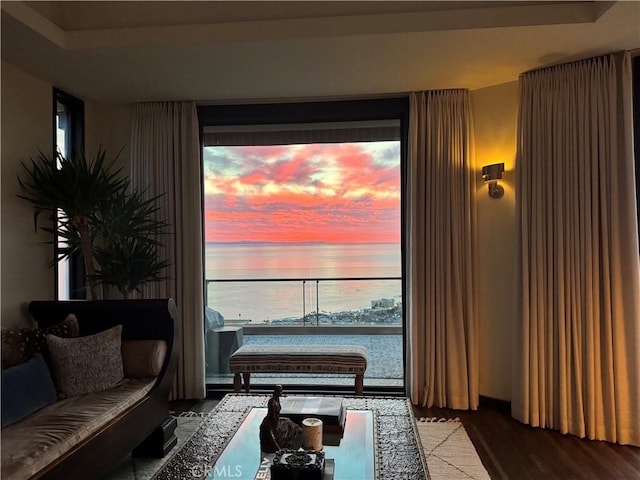 living area featuring wood finished floors and a water view
