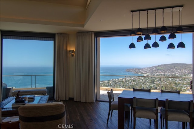 dining space with a wall of windows, wood finished floors, and a water view