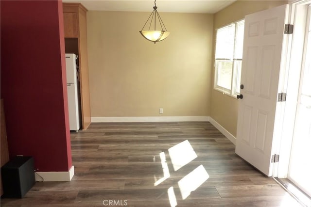 unfurnished dining area with baseboards and wood finished floors