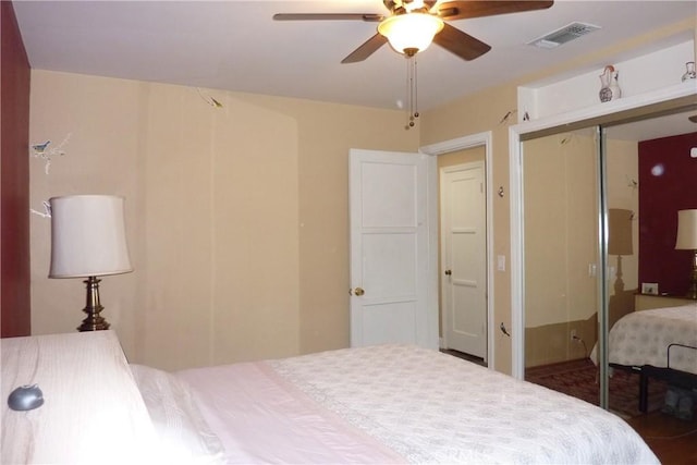 bedroom featuring ceiling fan, a closet, and visible vents