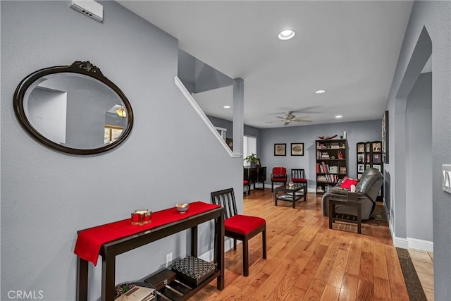 playroom with light wood finished floors, ceiling fan, baseboards, and recessed lighting