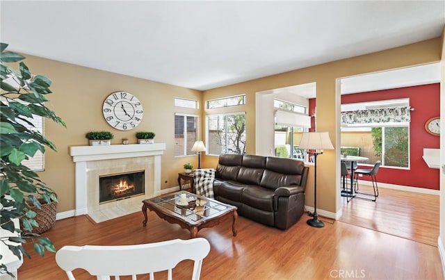 living area with a tiled fireplace, wood finished floors, and a healthy amount of sunlight