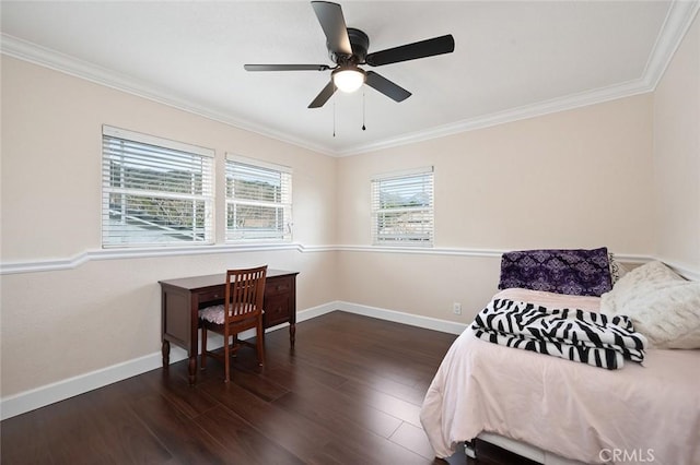 bedroom featuring crown molding, ceiling fan, dark wood finished floors, and baseboards