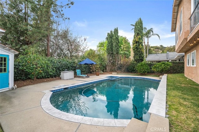 view of swimming pool with a fenced in pool, a yard, and a patio