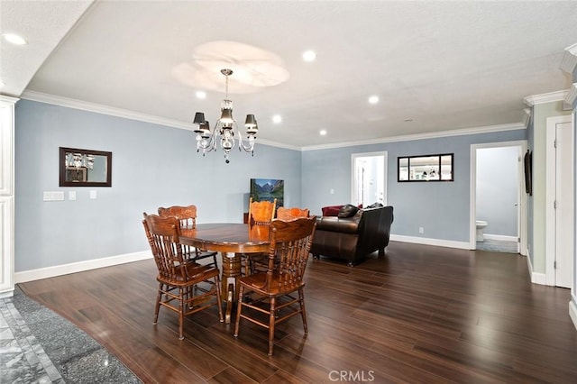 dining area featuring ornamental molding, recessed lighting, dark wood finished floors, and baseboards